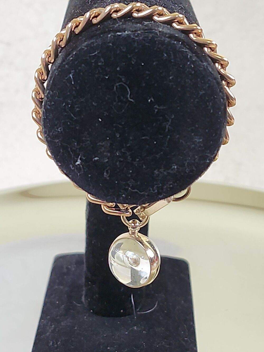 Vintage Unsigned Gold Colored Links Chunky Bracelet with Clear Dangling Marble